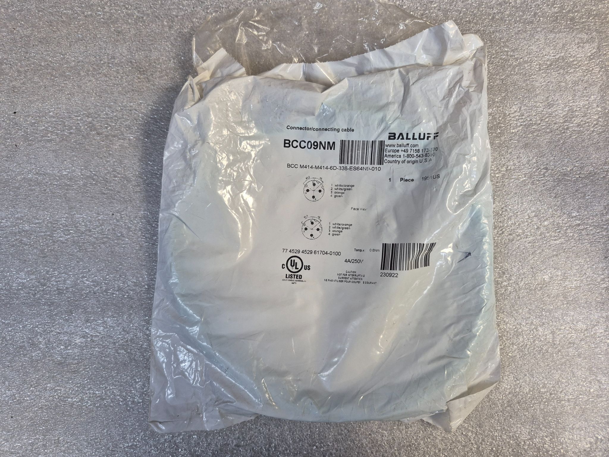 Balluff BCC M414-M414-6D-338-ES64N9-010 M12 4 Pin Cordset 1m NEW 0