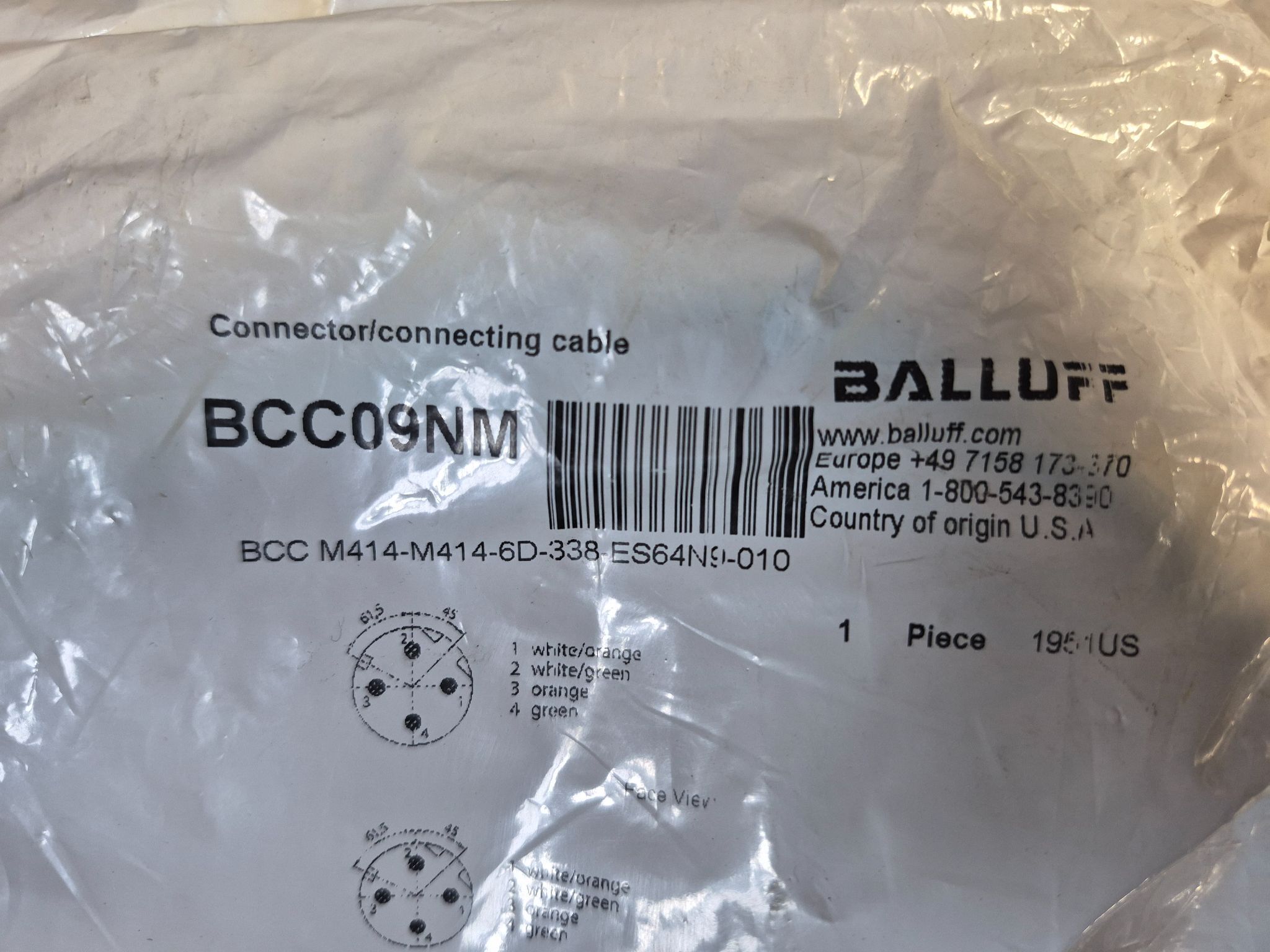 Balluff BCC M414-M414-6D-338-ES64N9-010 M12 4 Pin Cordset 1m NEW 2