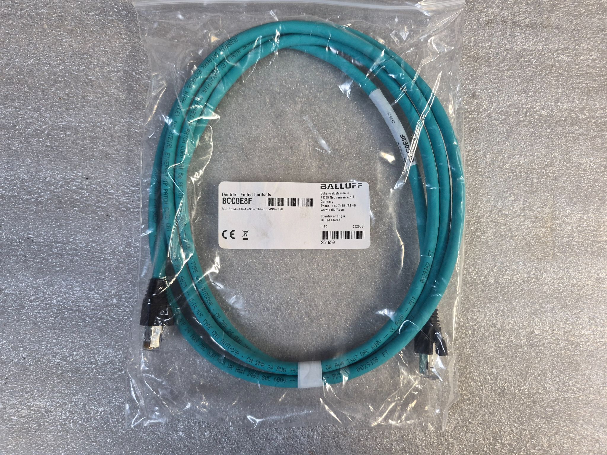 Balluff BCC E894-E894-90-339-ES64N9-020 RJ45 Ethernet Cordset 2m NEW 0