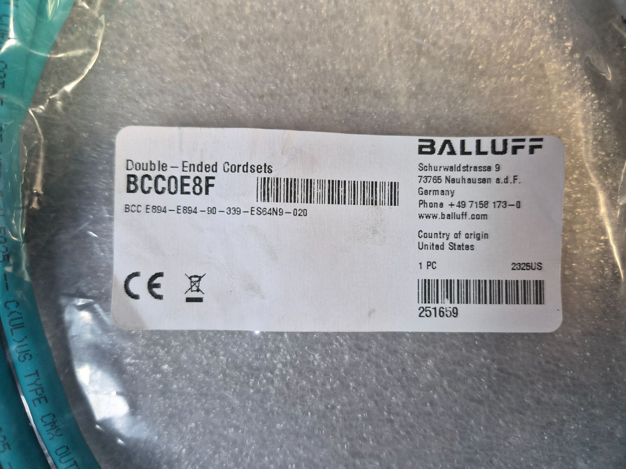 Balluff BCC E894-E894-90-339-ES64N9-020 RJ45 Ethernet Cordset 2m NEW 1