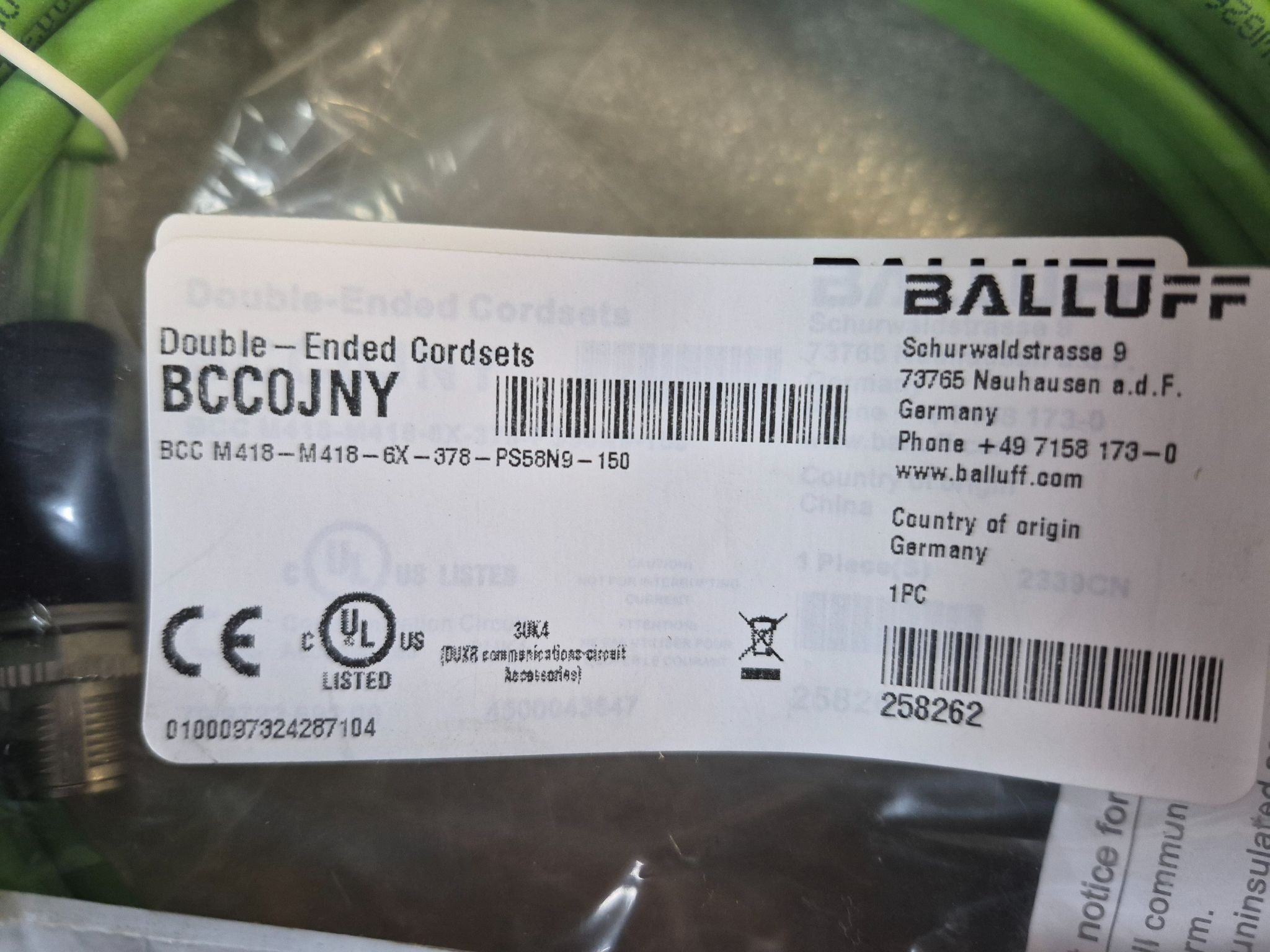 Balluff BCC M418-M418-6X-378-PS58N9-150 M12 Double-Ended Cordset 15m NEW 2