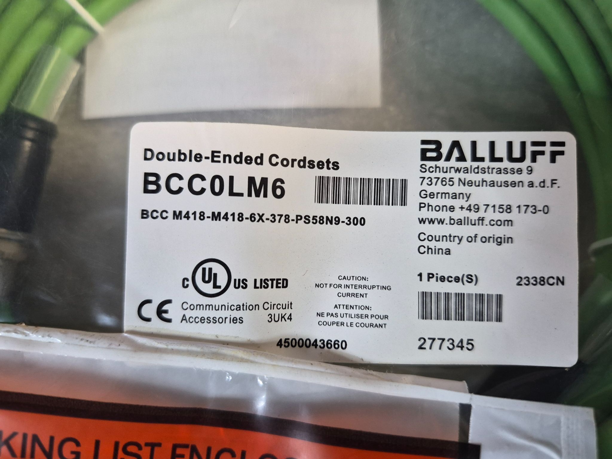 Balluff BCC M418-M418-6X-378-PS58N9-300 M12 Double-Ended Cordset 30m NEW 2