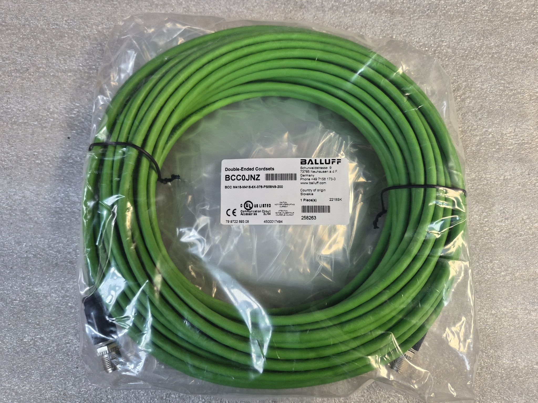 Balluff BCC M418-M418-6X-378-PS58N9-200 M12 Double-Ended Cordset 20m NEW 0