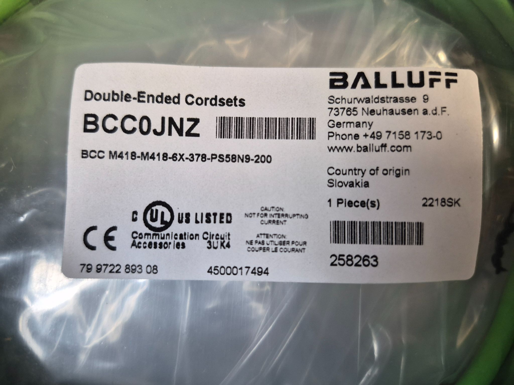 Balluff BCC M418-M418-6X-378-PS58N9-200 M12 Double-Ended Cordset 20m NEW 1