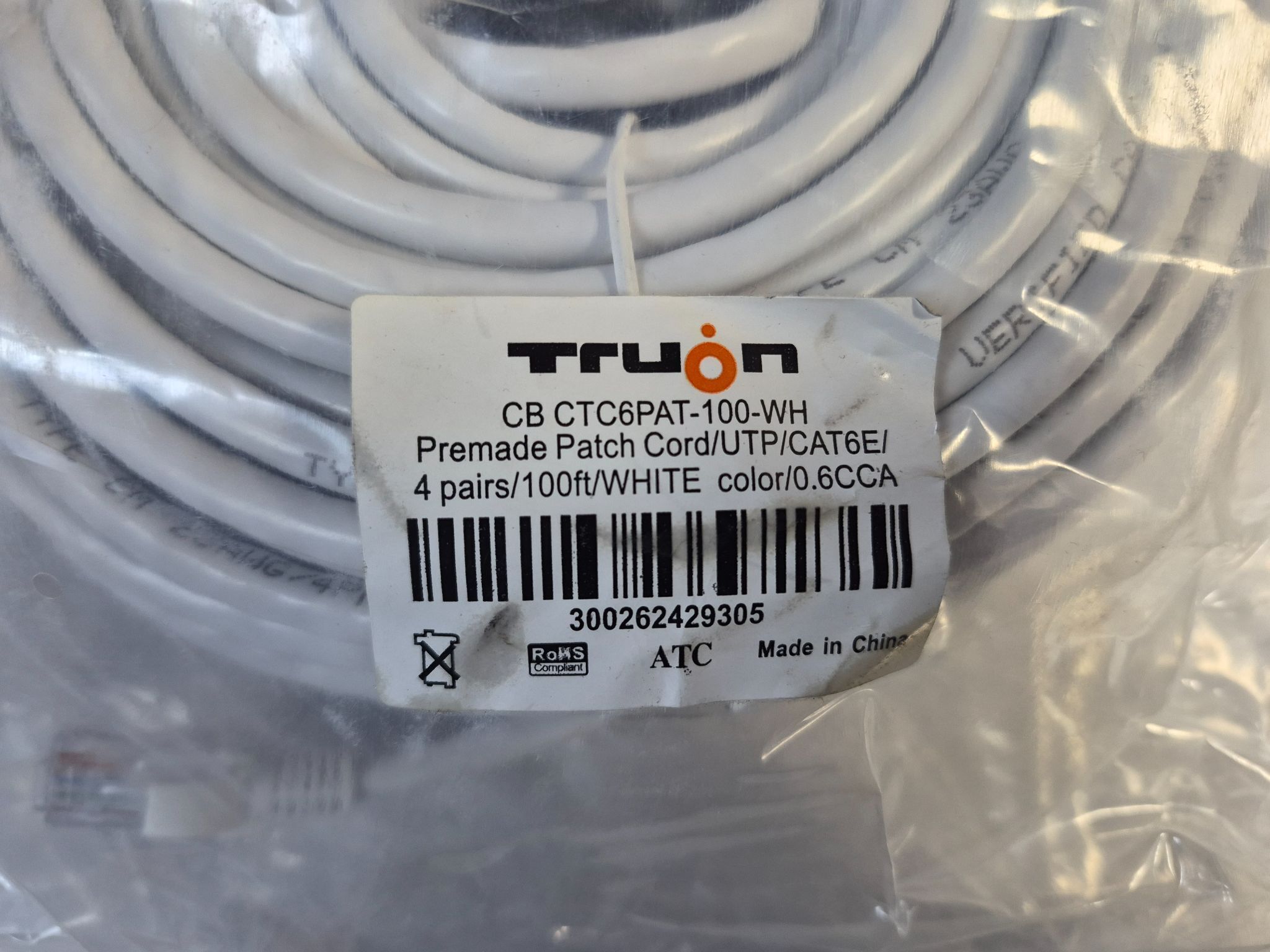 Truon CB CTC6PAT-100-WH Cat6 Patch Cable 100ft White NEW 1