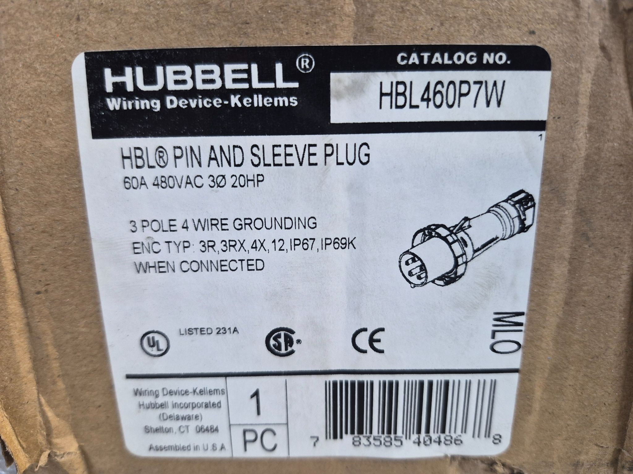 HUBBELL HBL460P7W Pin & Sleeve Plug 60A 480VAC 3Ø 4W NEW 2