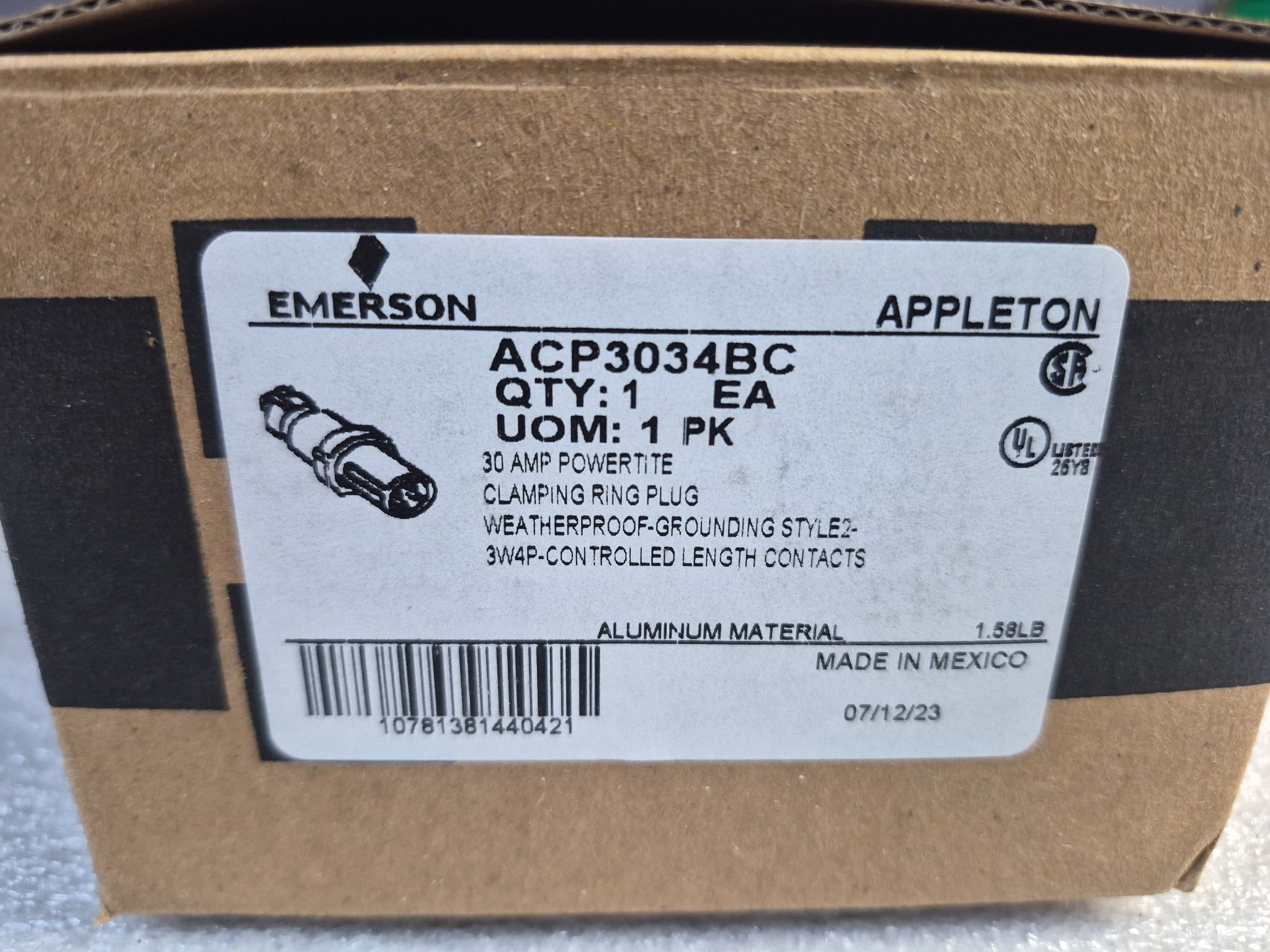 Emerson Appleton ACP3034BC Powertite 30A Clamping Ring Plug 3W4P NEW 1