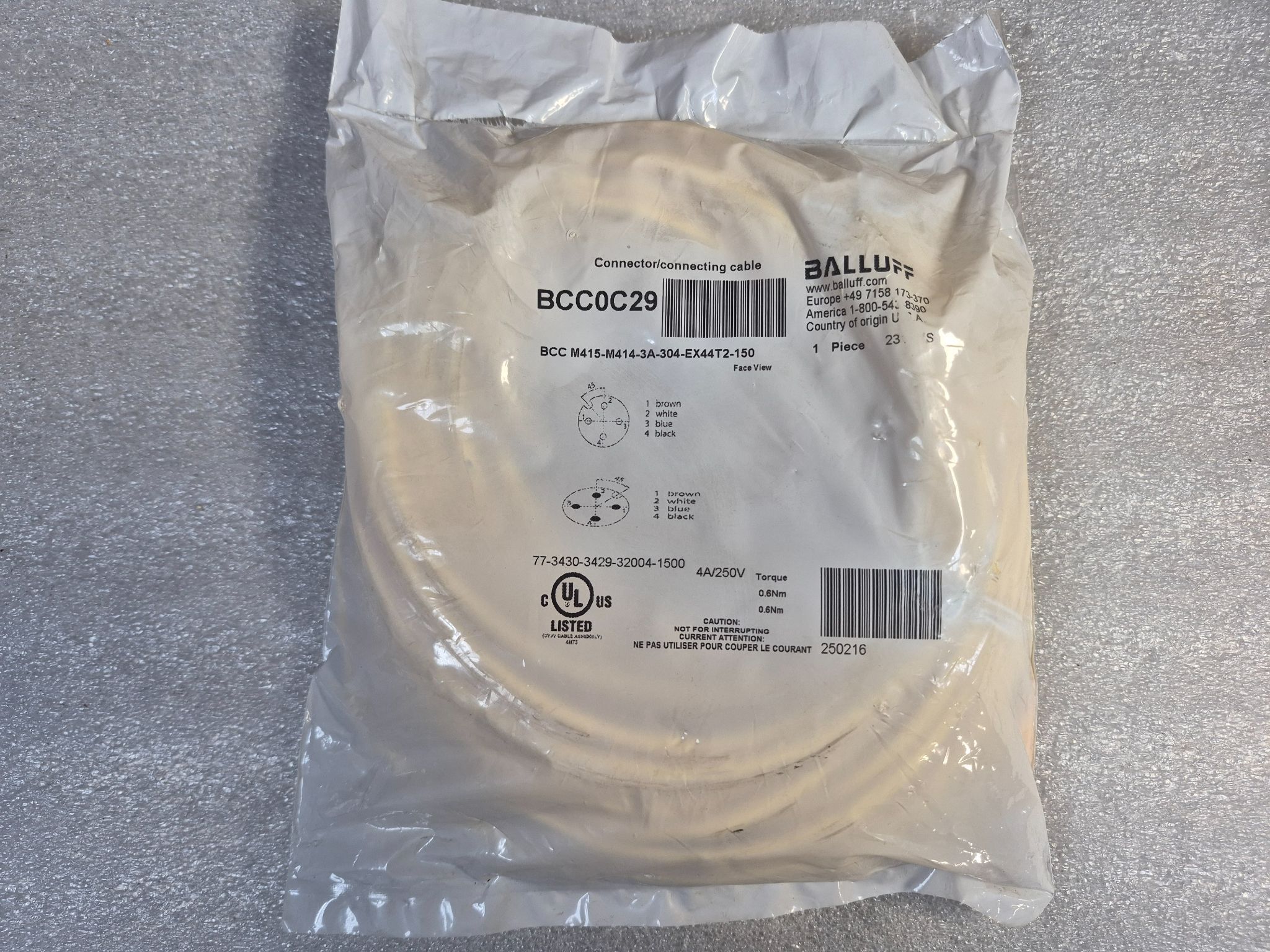 Balluff BCC029 BCC M415-M414-3A-304-EX44T2-150 Double-Ended Cordset Cable (15m) NEW 0
