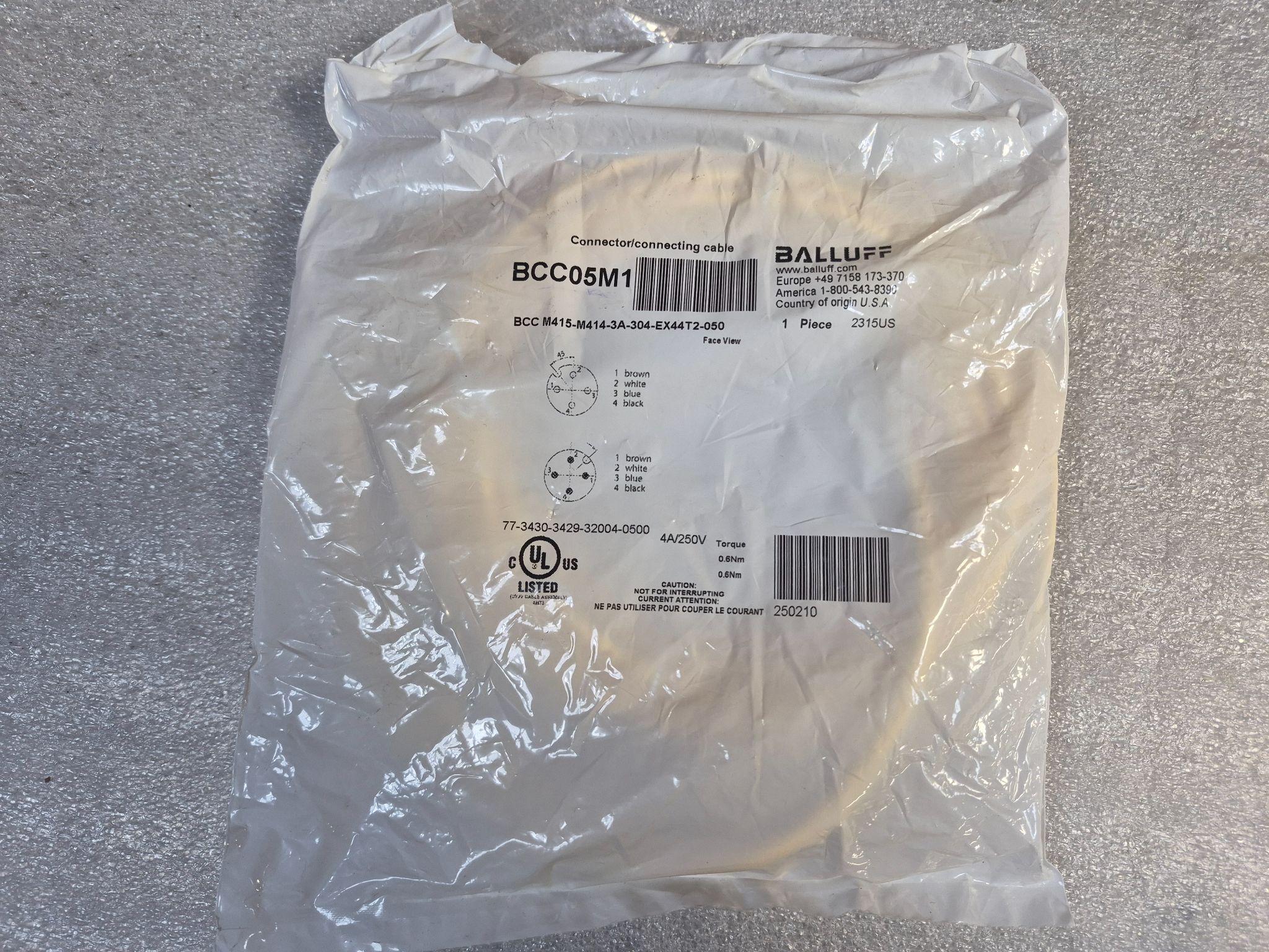 BALLUFF BCC M415-M414-3A-304-EX44T2-050 M12 Sensor Cable 5m 4 Pin NEW 0