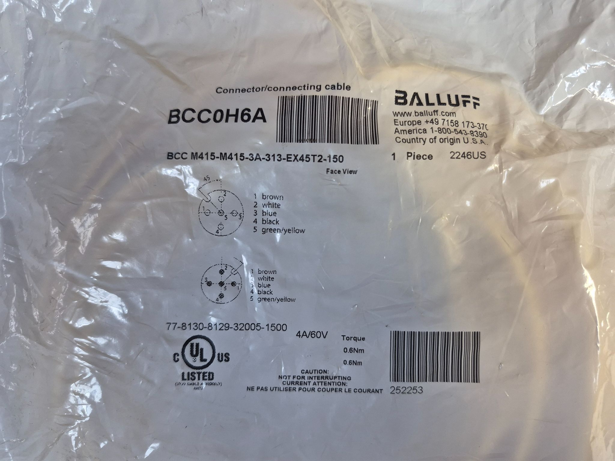 BALLUFF BCC M415-M415-3A-313-EX45T2-150 M12 Sensor Cable 15m NEW 0