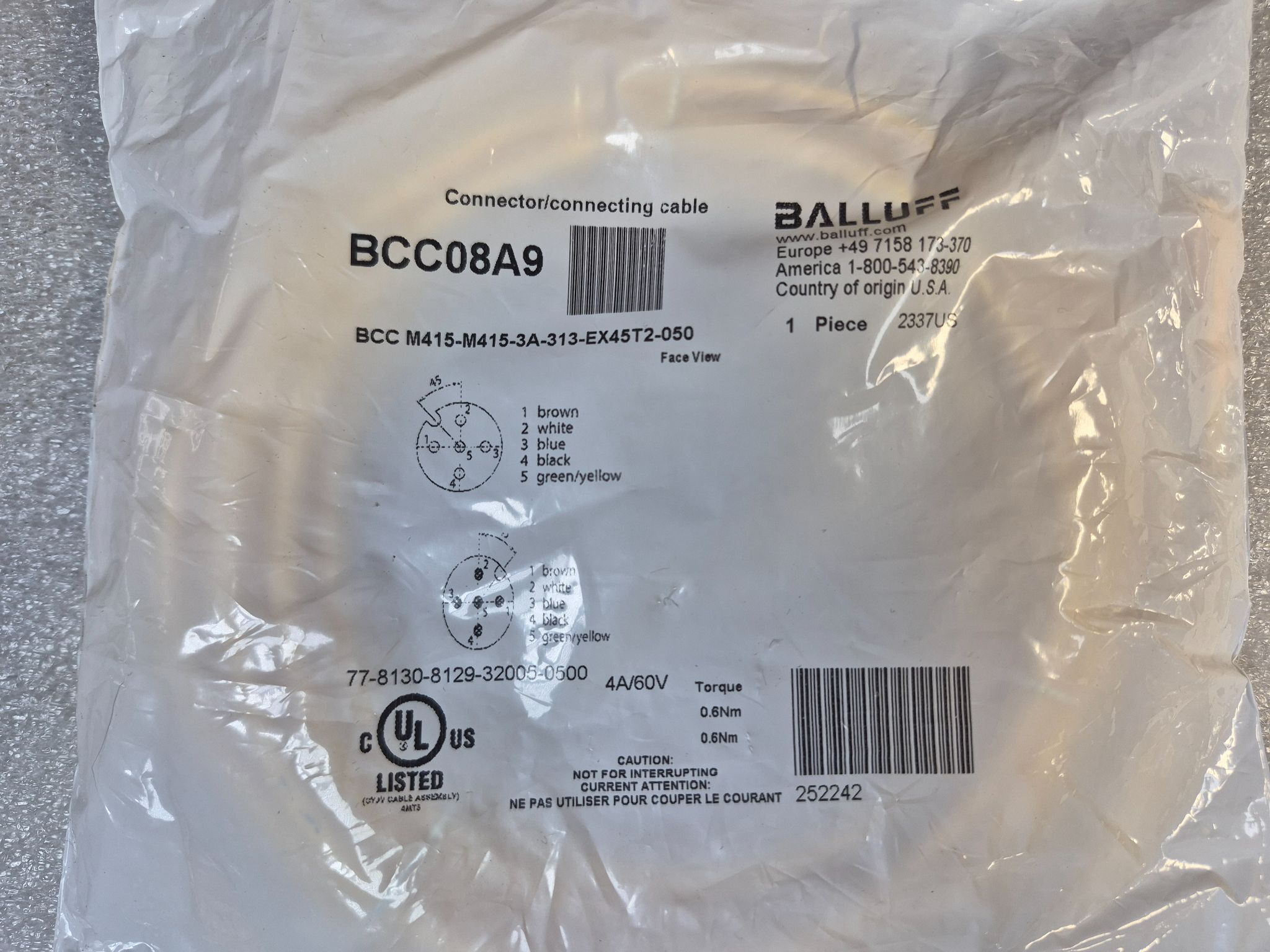BALLUFF BCC M415-M415-3A-313-EX45T2-050 M12 Sensor Cable 5m NEW 0