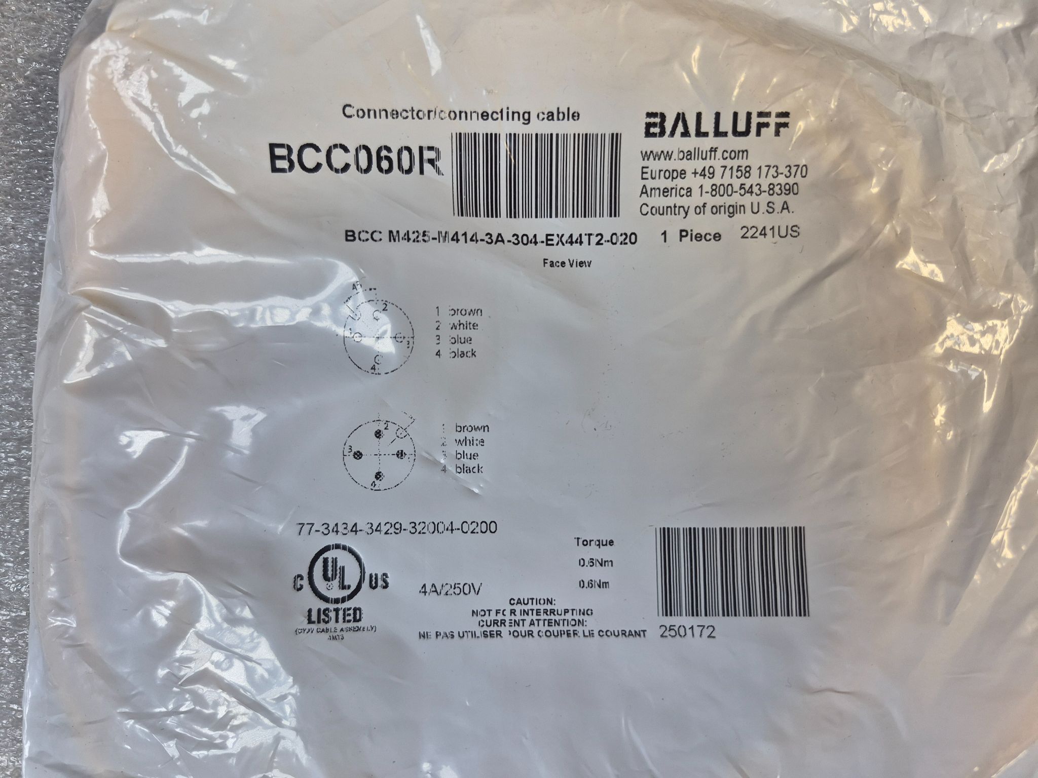 BALLUFF BCC M425-M414-3A-304-EX44T2-020 M12 Sensor Cable 2m NEW 0