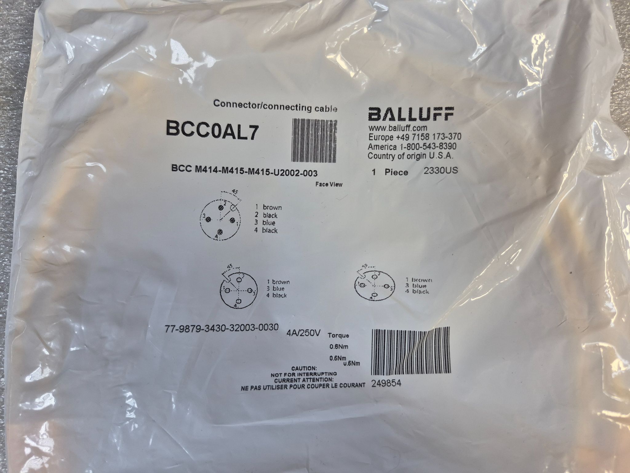 BALLUFF BCC M414-M415-M415-U2002-003 M12 Y-Splitter Cable 0.3m NEW 0