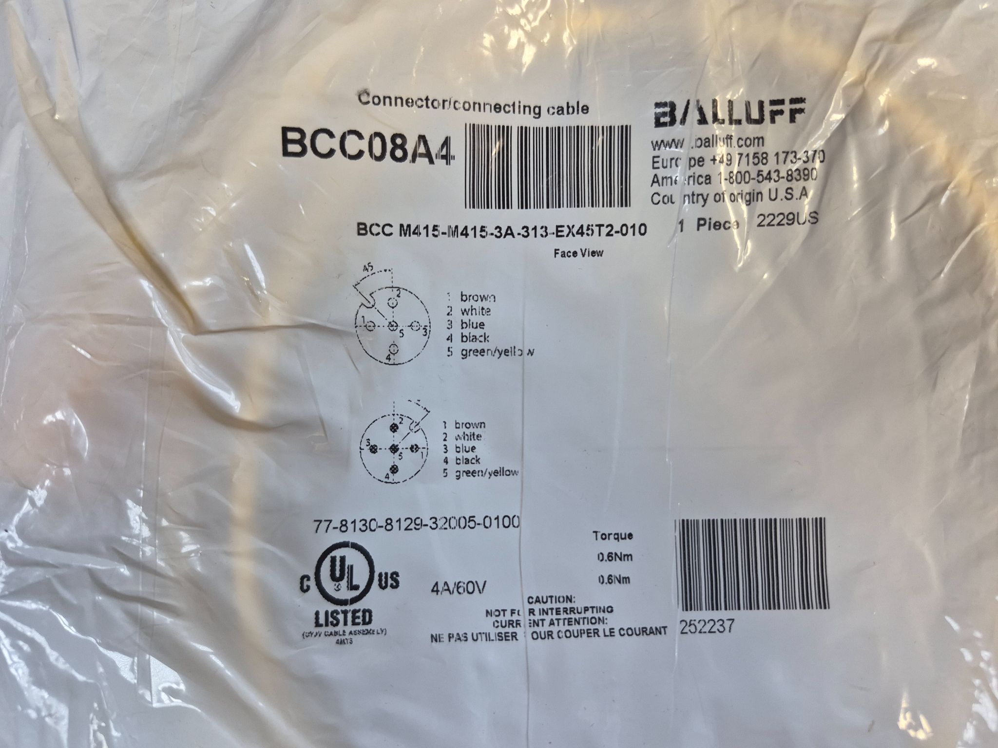 BALLUFF BCC M415-M415-3A-313-EX45T2-010 M12 Sensor Cable 1m NEW 0
