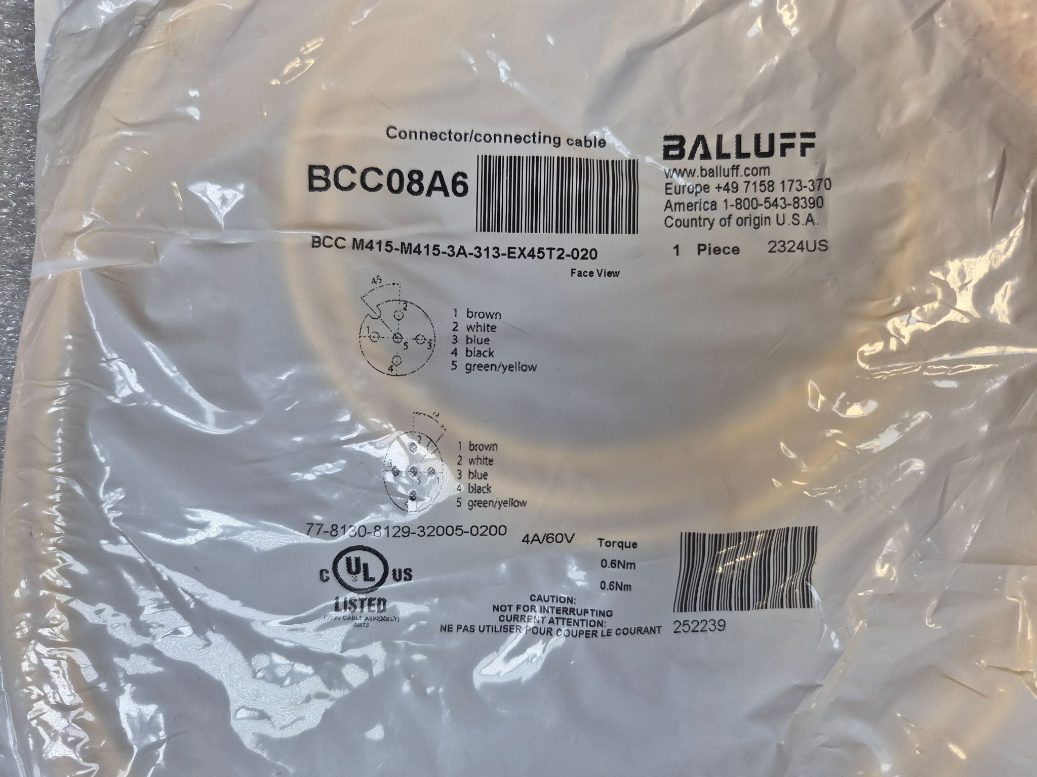 BALLUFF BCC M415-M415-3A-313-EX45T2-020 M12 Sensor Cable 2m NEW 0
