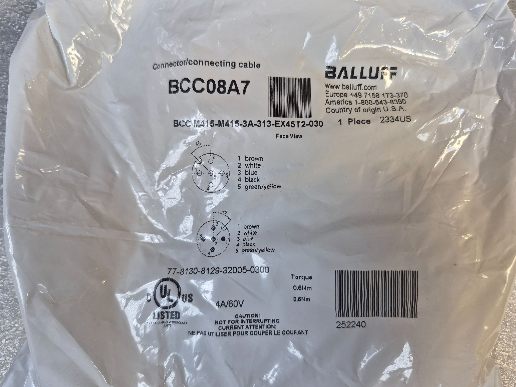 BALLUFF BCC M415-M415-3A-313-EX45T2-030 M12 Sensor Cable 3m NEW 0