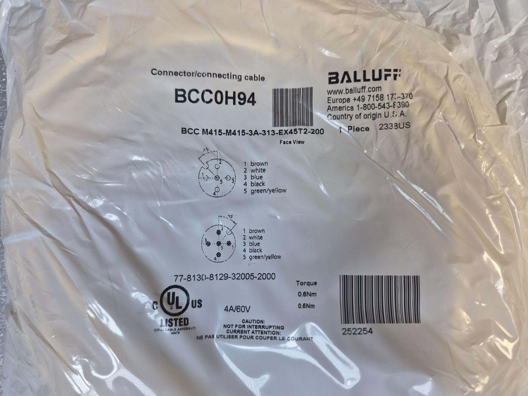 BALLUFF BCC M415-M415-3A-313-EX45T2-200 M12 Sensor Cable 20m NEW 0
