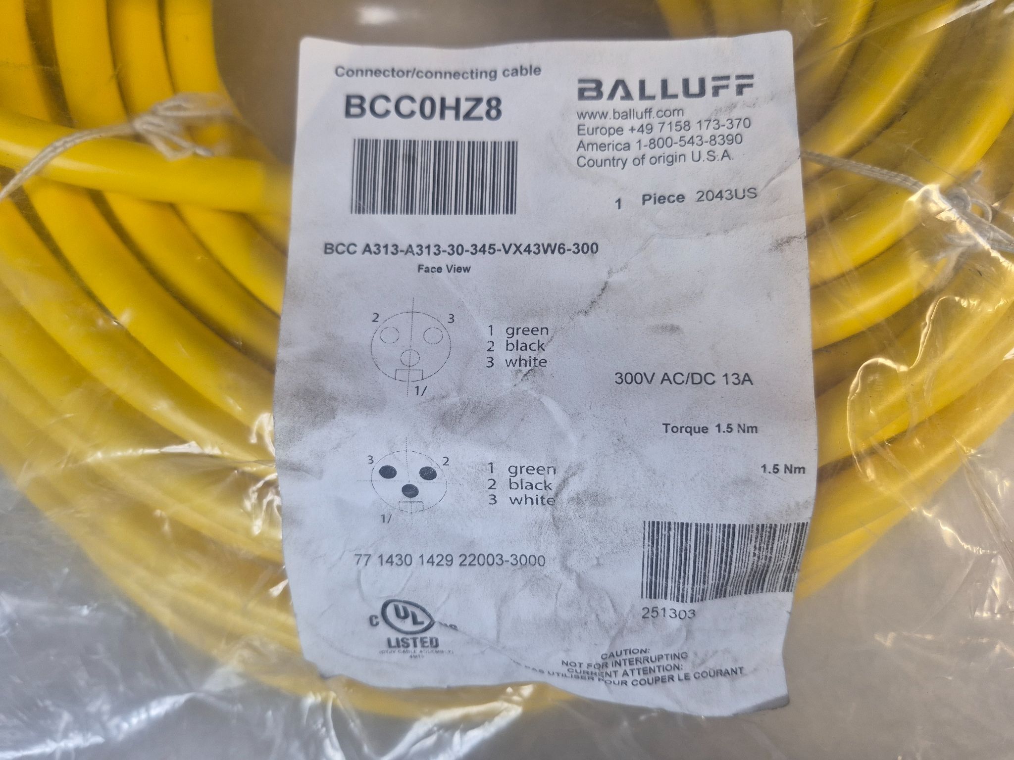 BALLUFF BCC A313-A313-30-345-VX43W6-300 Industrial Connecting Cable BCC0HZ8 NEW 1