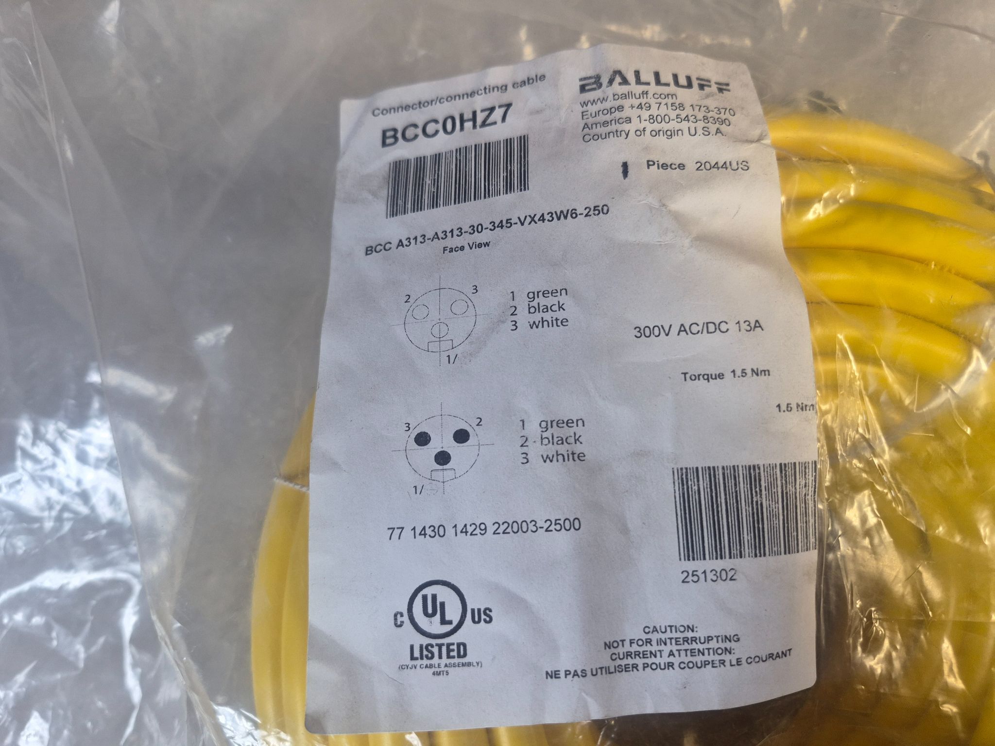 BALLUFF BCC A313-A313-30-345-VX43W6-250 Industrial Connecting Cable BCC0HZ7 NEW 1