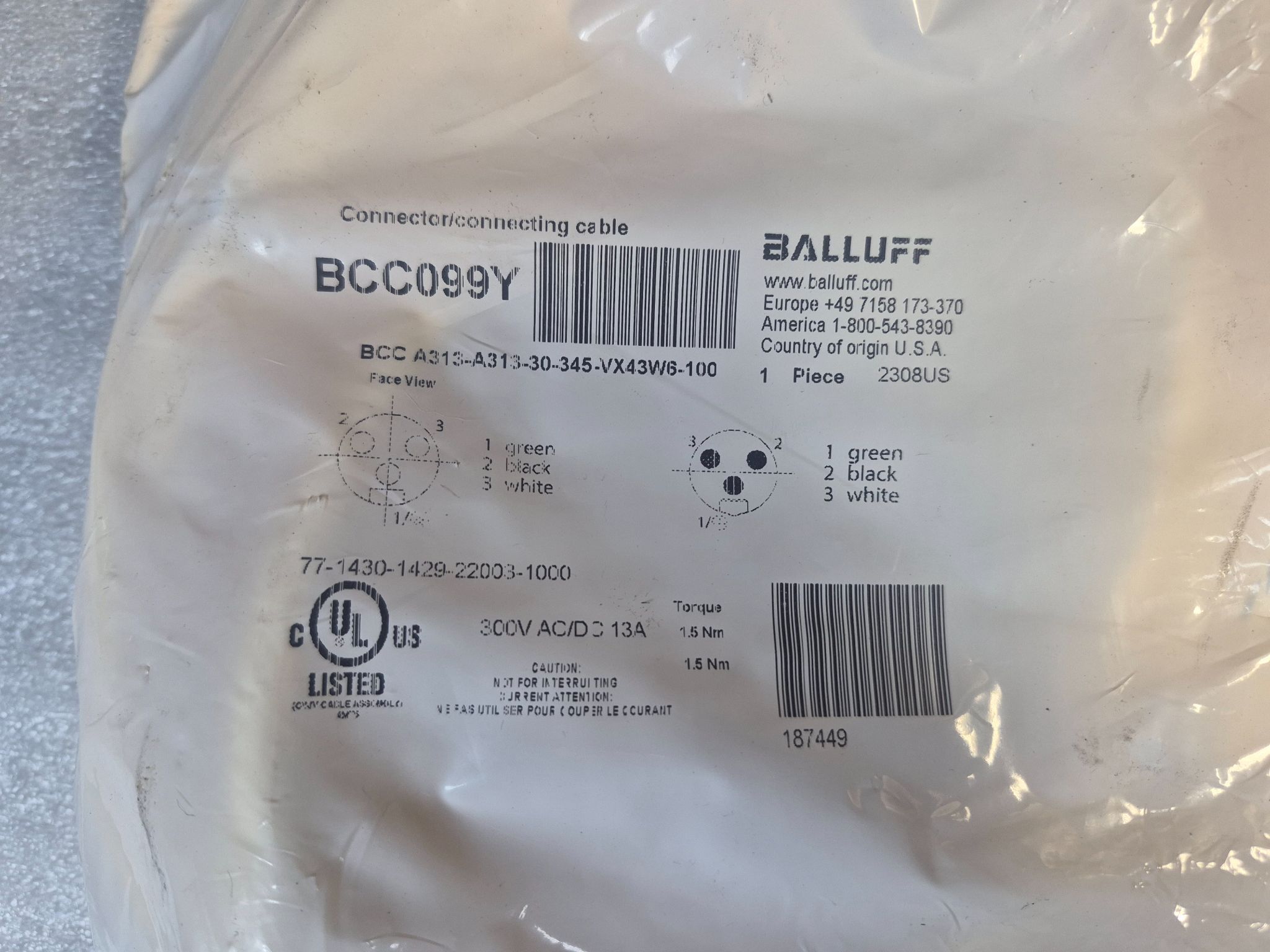 BALLUFF BCC A313-A313-30-345-VX43W6-100 Industrial Connecting Cable BCC099Y NEW 1