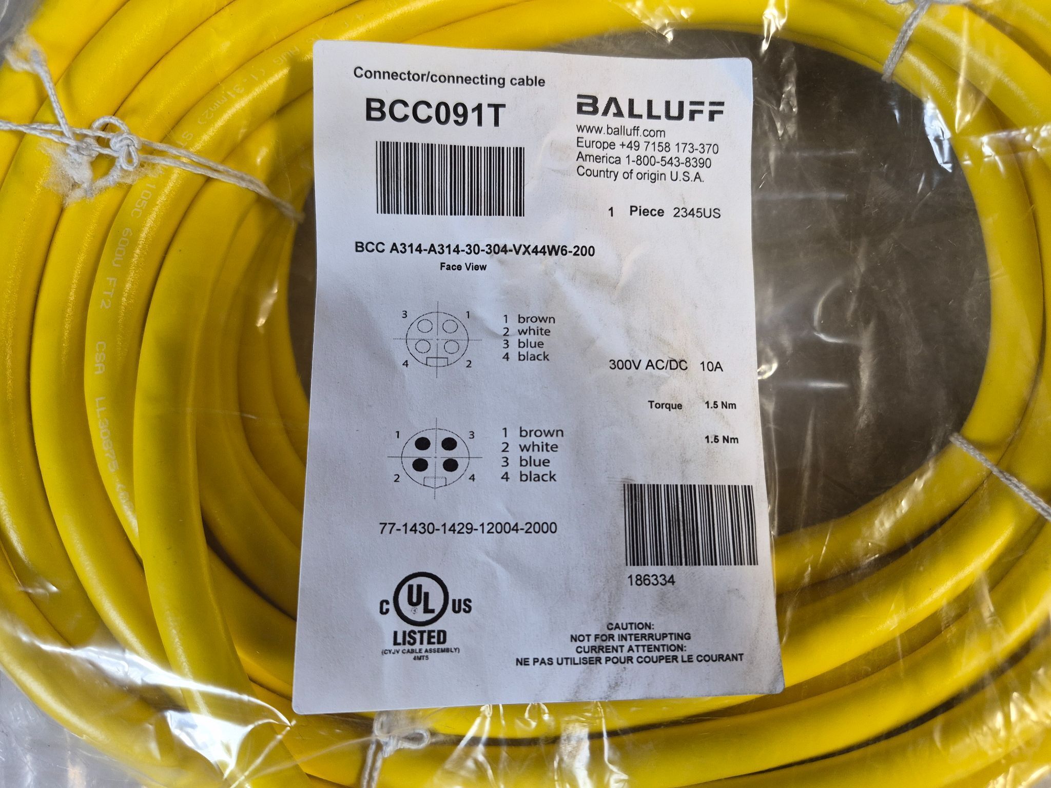 BALLUFF BCC A314-A314-30-304-VX44W6-200 Industrial Connecting Cable BCC091T NEW 1