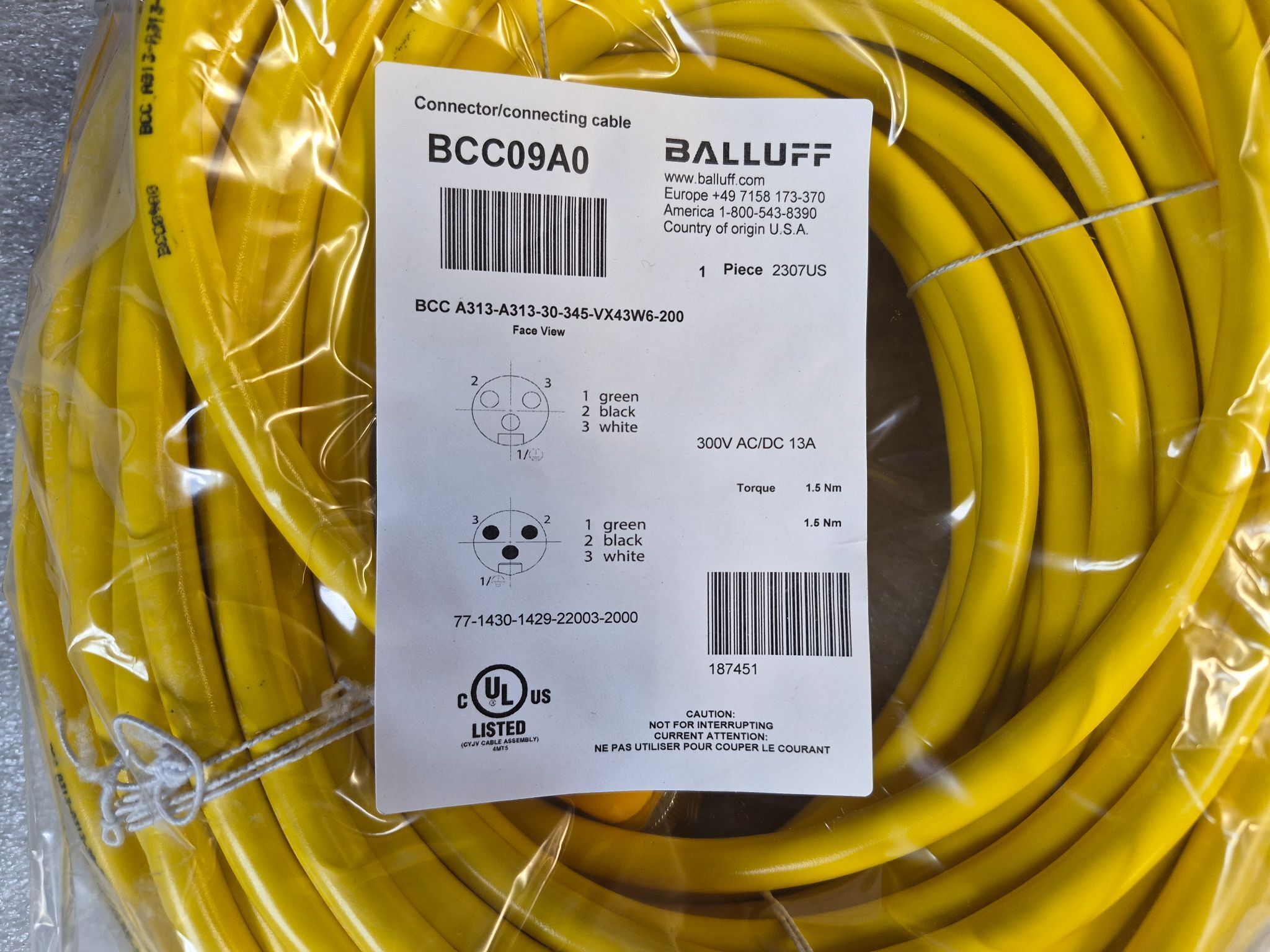 BALLUFF BCC A313-A313-30-345-VX43W6-200 Industrial Connecting Cable BCC09A0 NEW 1