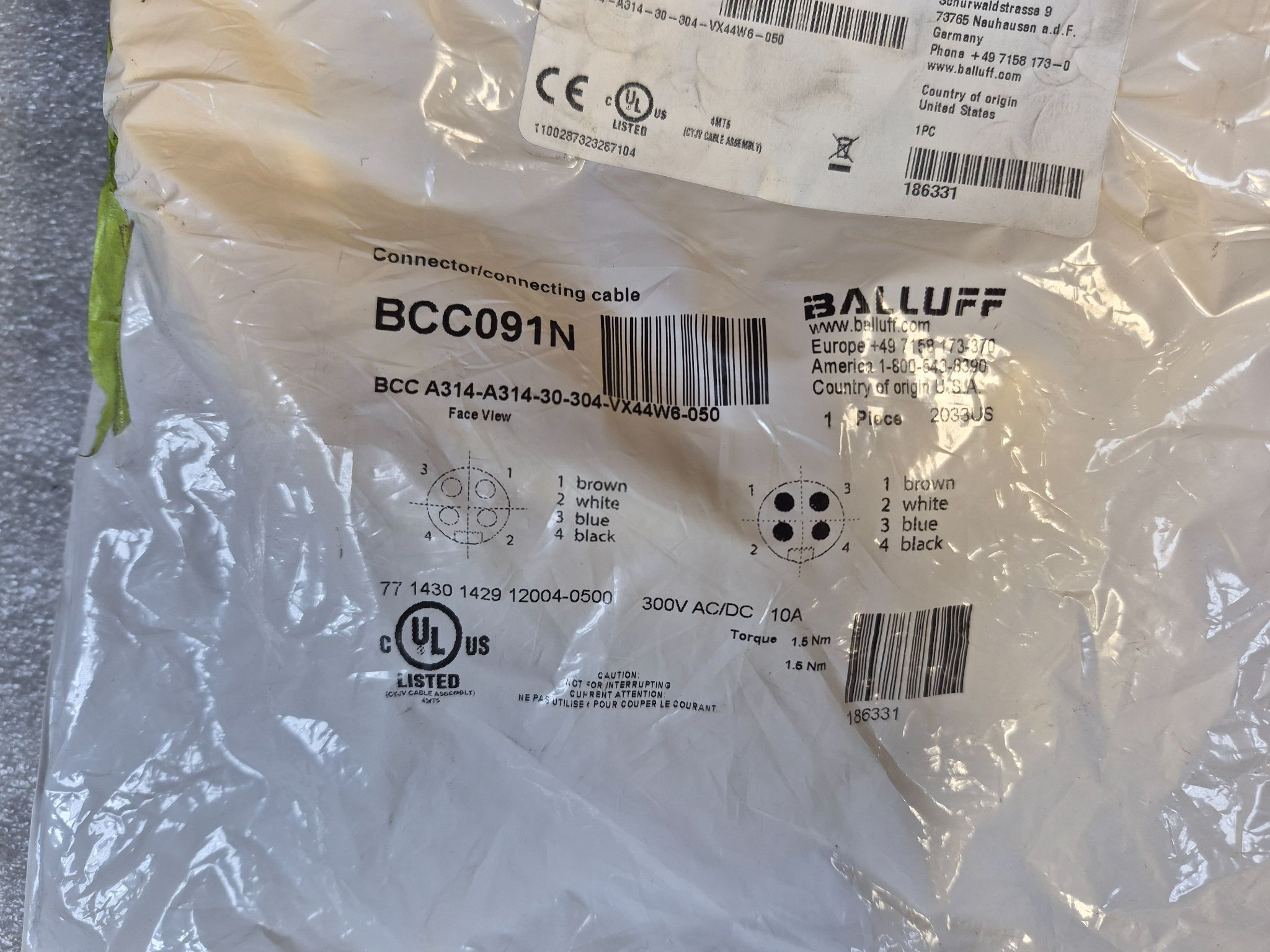 BALLUFF BCC A314-A314-30-304-VX44W6-050 Industrial Connecting Cable BCC091N NEW 1