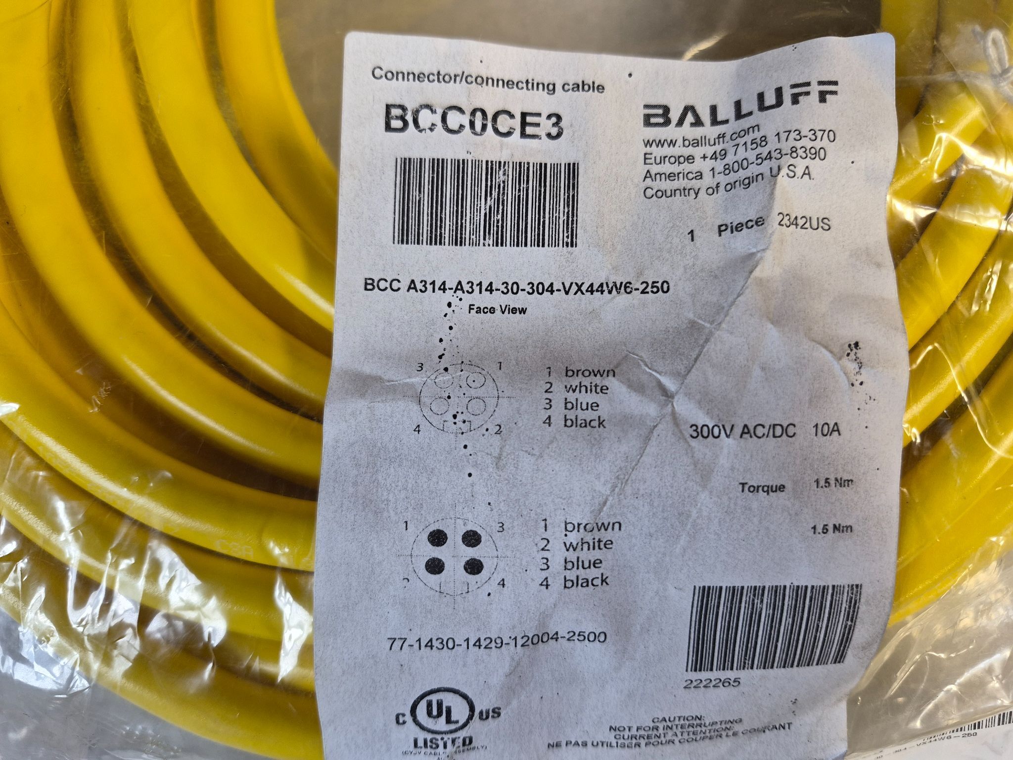 BALLUFF BCC A314-A314-30-304-VX44W6-250 Industrial Connecting Cable BCC0CE3 NEW 1