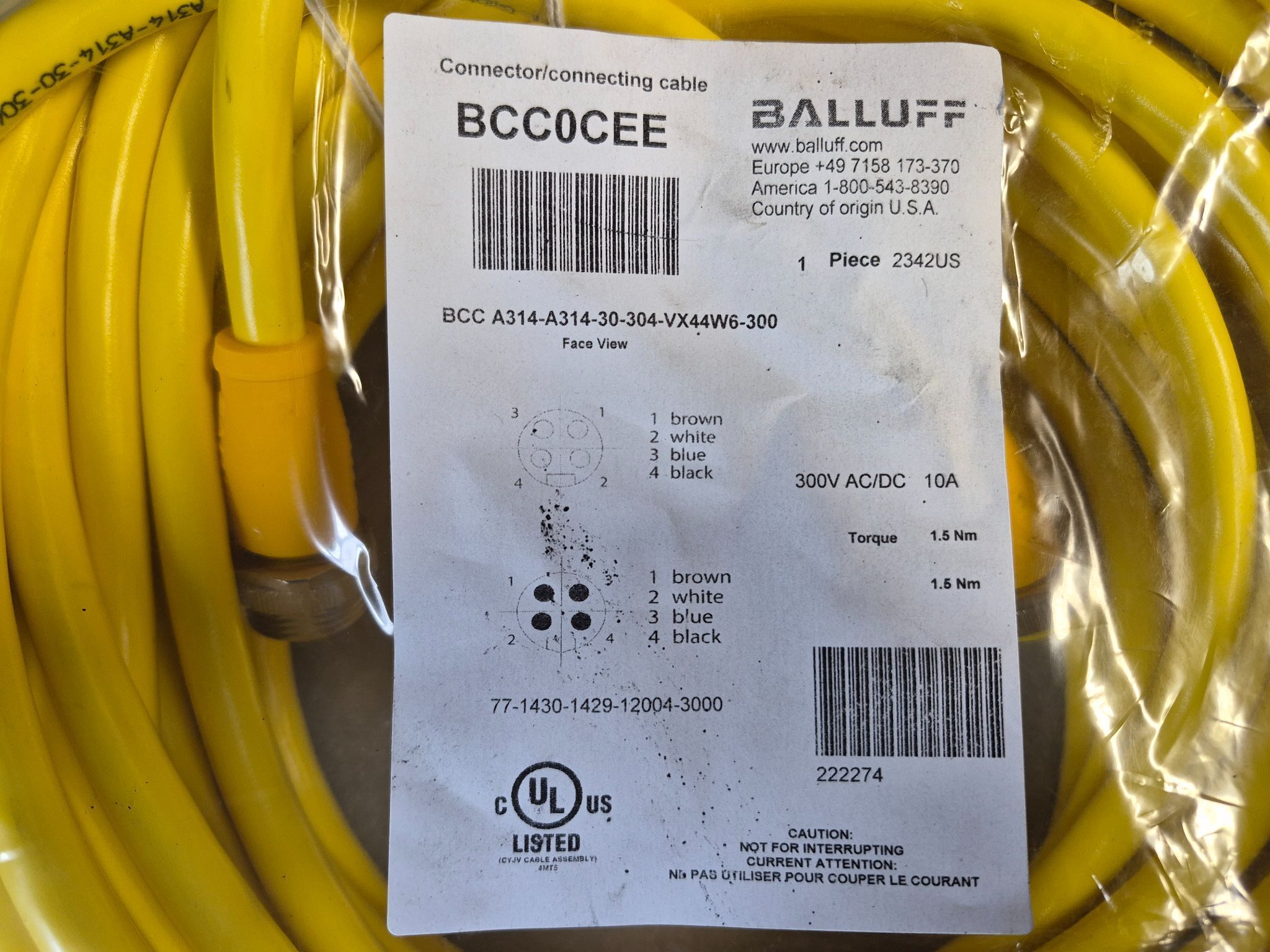 BALLUFF BCC A314-A314-30-304-VX44W6-300 Industrial Connecting Cable BCC0CEE NEW 1