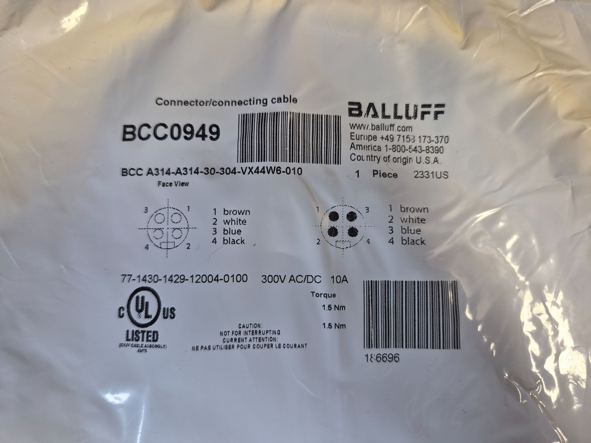 BALLUFF BCC A314-A314-30-304-VX44W6-010 Industrial Connecting Cable BCC0949 NEW 1
