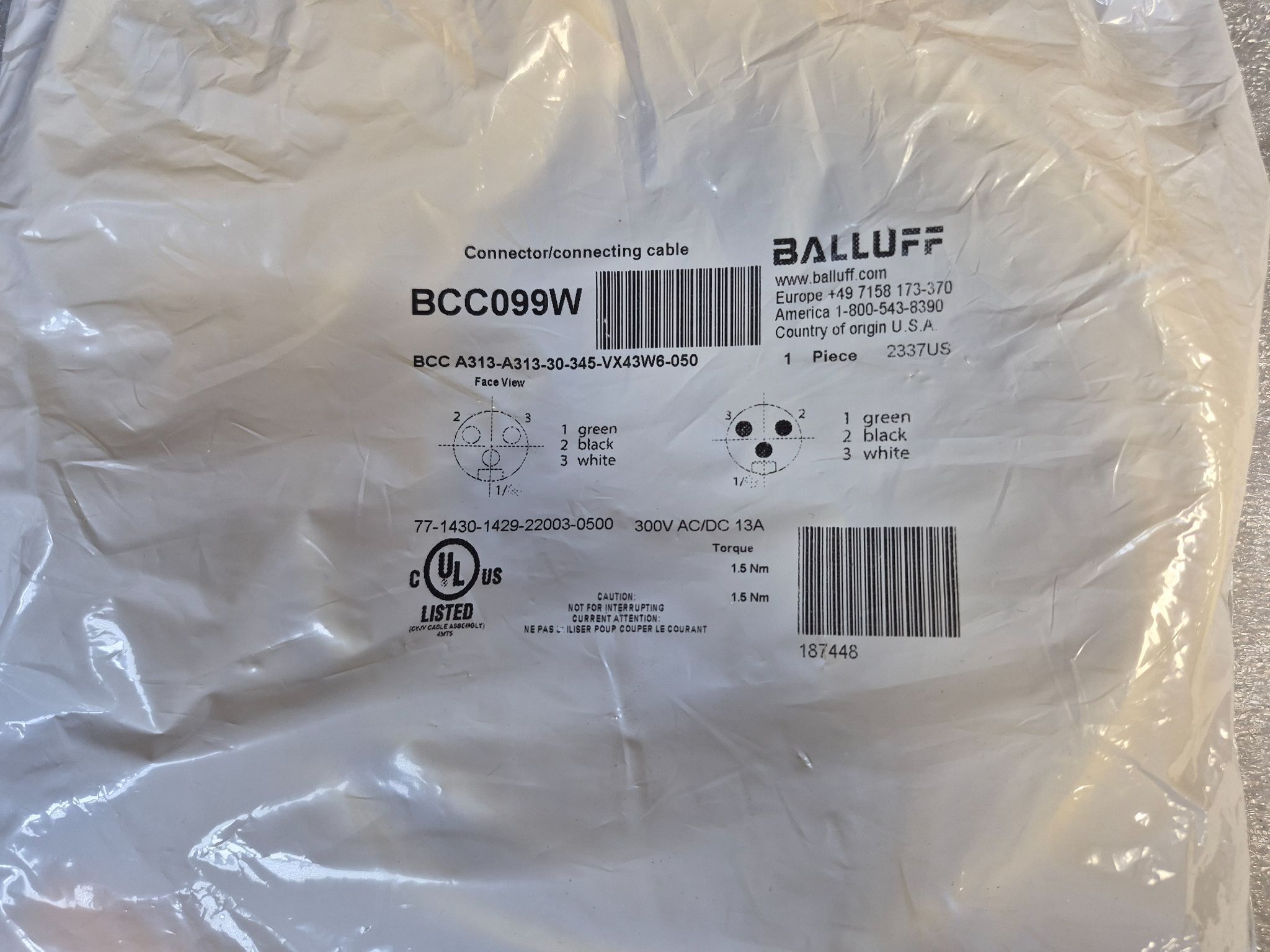 BALLUFF BCC A313-A313-30-345-VX43W6-050 Industrial Connecting Cable BCC099W NEW 0