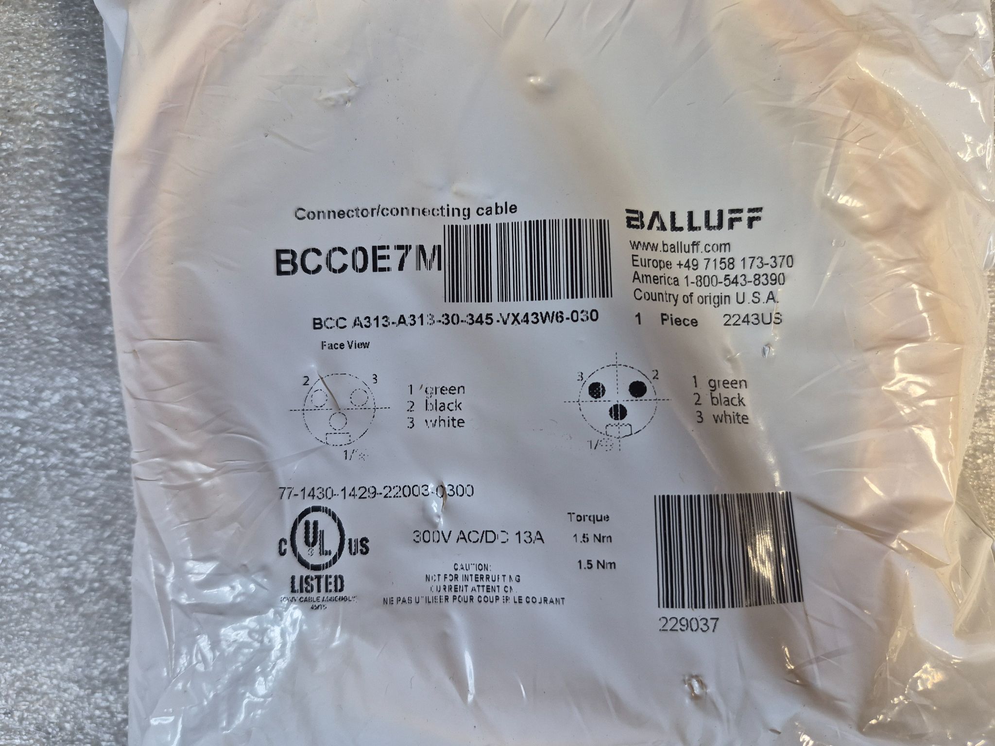 BALLUFF BCC A313-A313-30-345-VX43W6-030 Industrial Connecting Cable BCC0E7M NEW 0