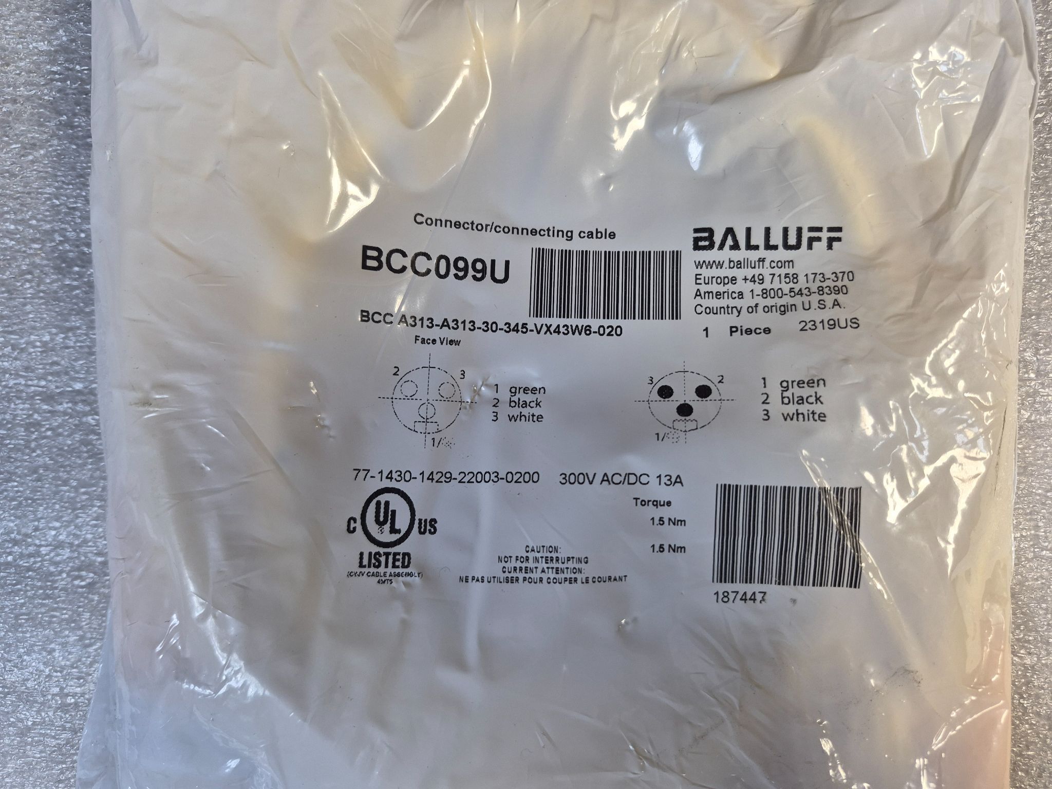 BALLUFF BCC A313-A313-30-345-VX43W6-020 Industrial Connecting Cable BCC099U NEW 0