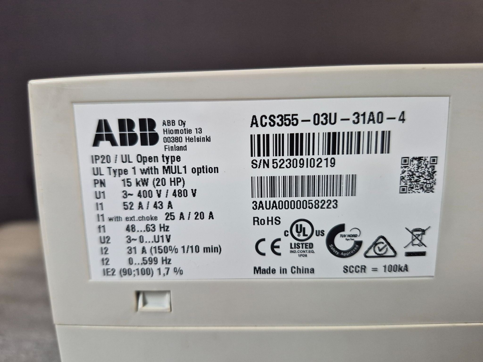 ABB ACS355‑03U‑31A0‑4 Variable Frequency Drive 15 kW USED 3