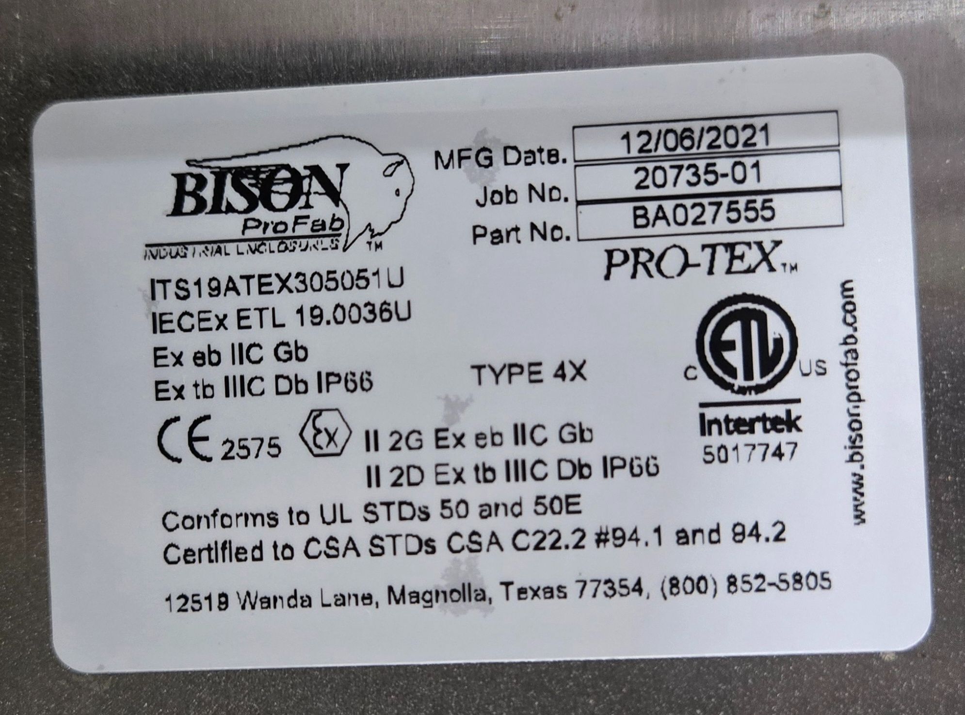 Bison Profab BA027555 Hazardous Location Enclosure Type 4X IP66 NEW 6