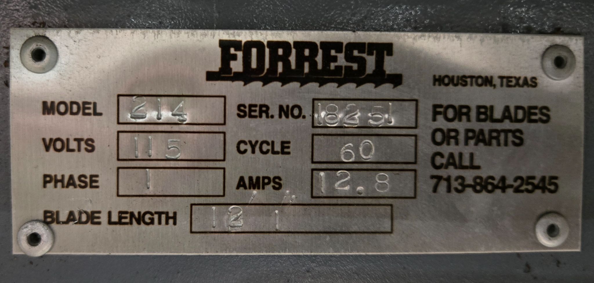 FORREST 214 Vertical Band Saw 12" Blade USED 13