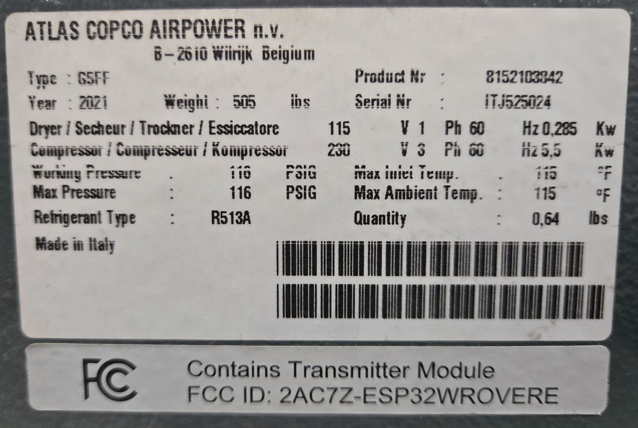 ATLAS COPCO 8152103842 G5FF Rotary Screw Air Compressor with Dryer USED 11