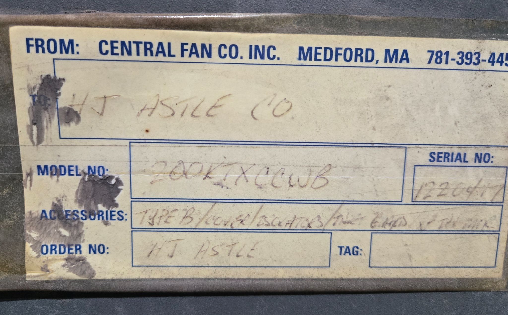 CENTRAL FAN CO 200KTXCCWB Industrial Centrifugal Fan Blower USED 6