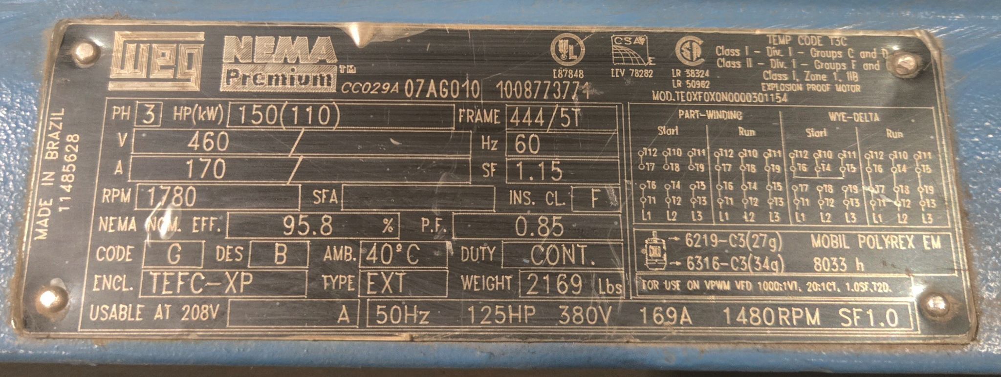 WEG TEQFX0XN0000301154 W22 150HP Explosion Proof Electric Motor 460V USED 8