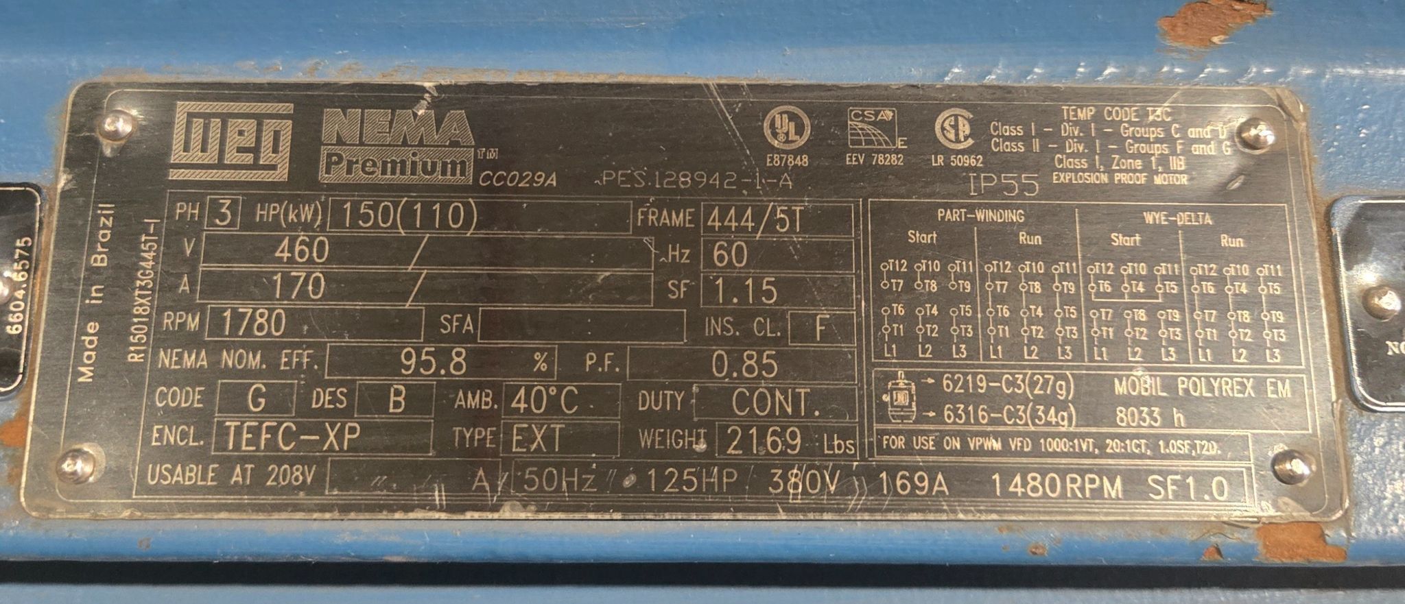 WEG R15018XT3G445T-I W22 150HP Explosion Proof Electric Motor 460V USED 7