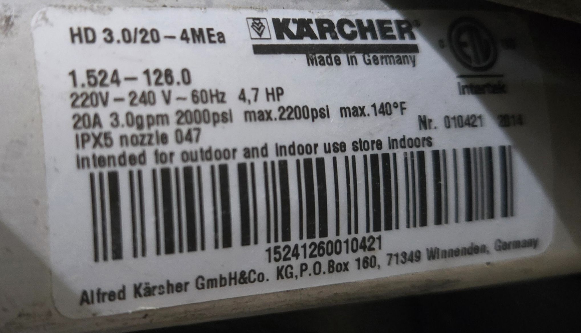 Karcher HD 3.0/20-4MEa Electric Pressure Washer 2000 PSI USED 6