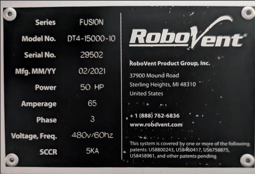 2021 ROBOVENT FUSION DT4-15000-10 DUST COLLECTION SYSTEM/ EXHAUST SYSTEM USED 24