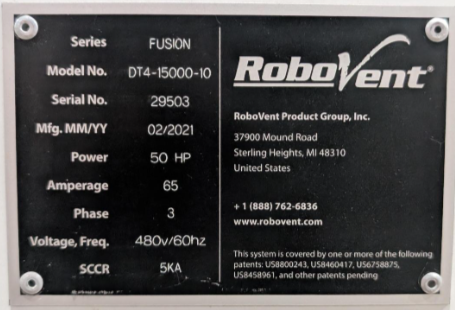 ROBOVENT FUSION DT4-15000-10 DUST COLLECTION SYSTEM/ EXHAUST SYSTEM USED 21