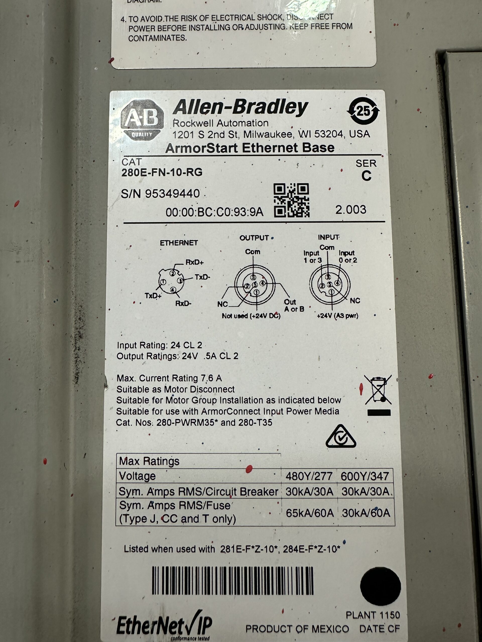 ALLEN BRADLEY 280E-FN-10-RG W/ 284E-FVD2P3Z-10-RRG-SBG-DB1-EMI USED 2
