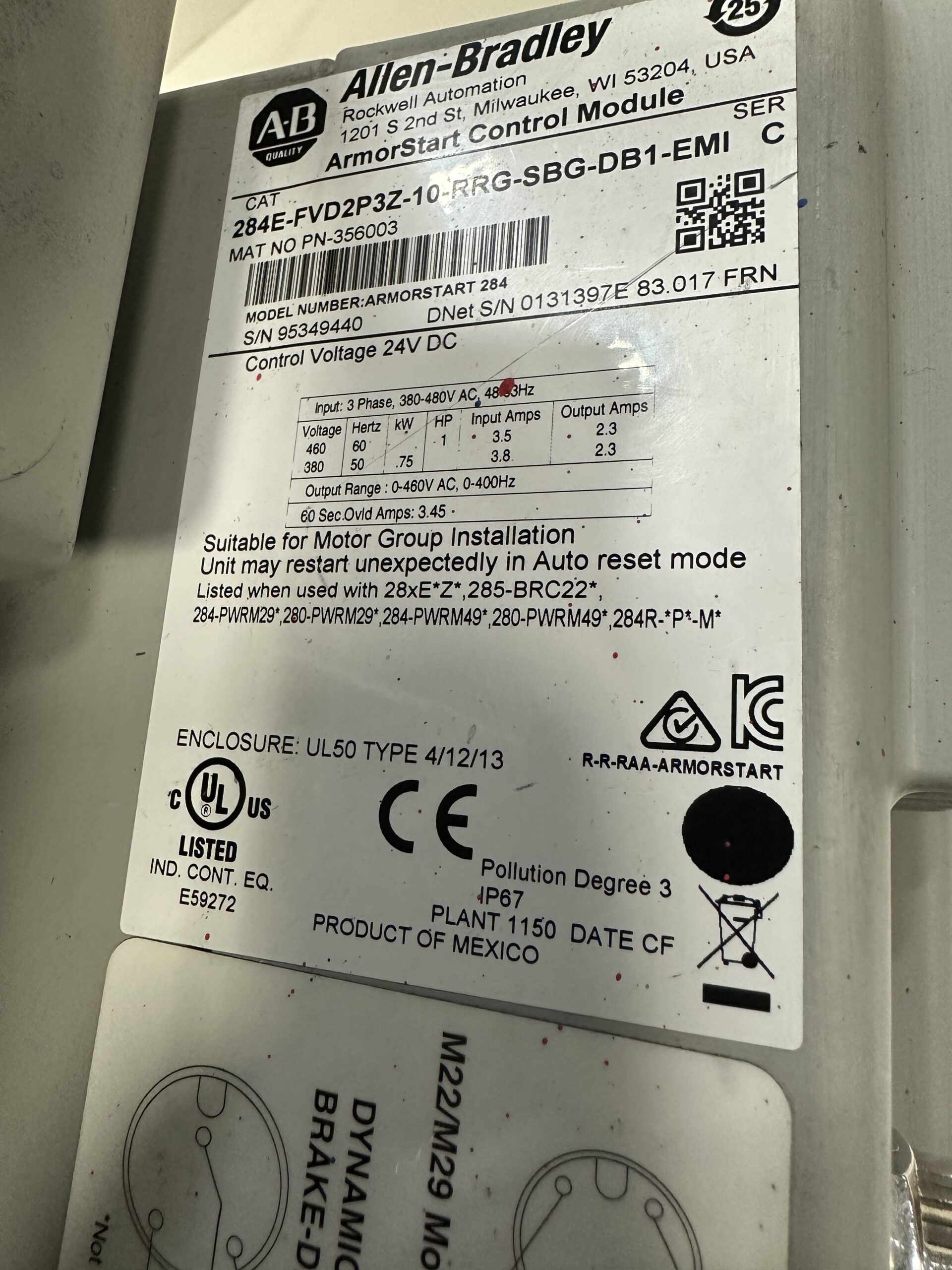 ALLEN BRADLEY 280E-FN-10-RG W/ 284E-FVD2P3Z-10-RRG-SBG-DB1-EMI USED 3