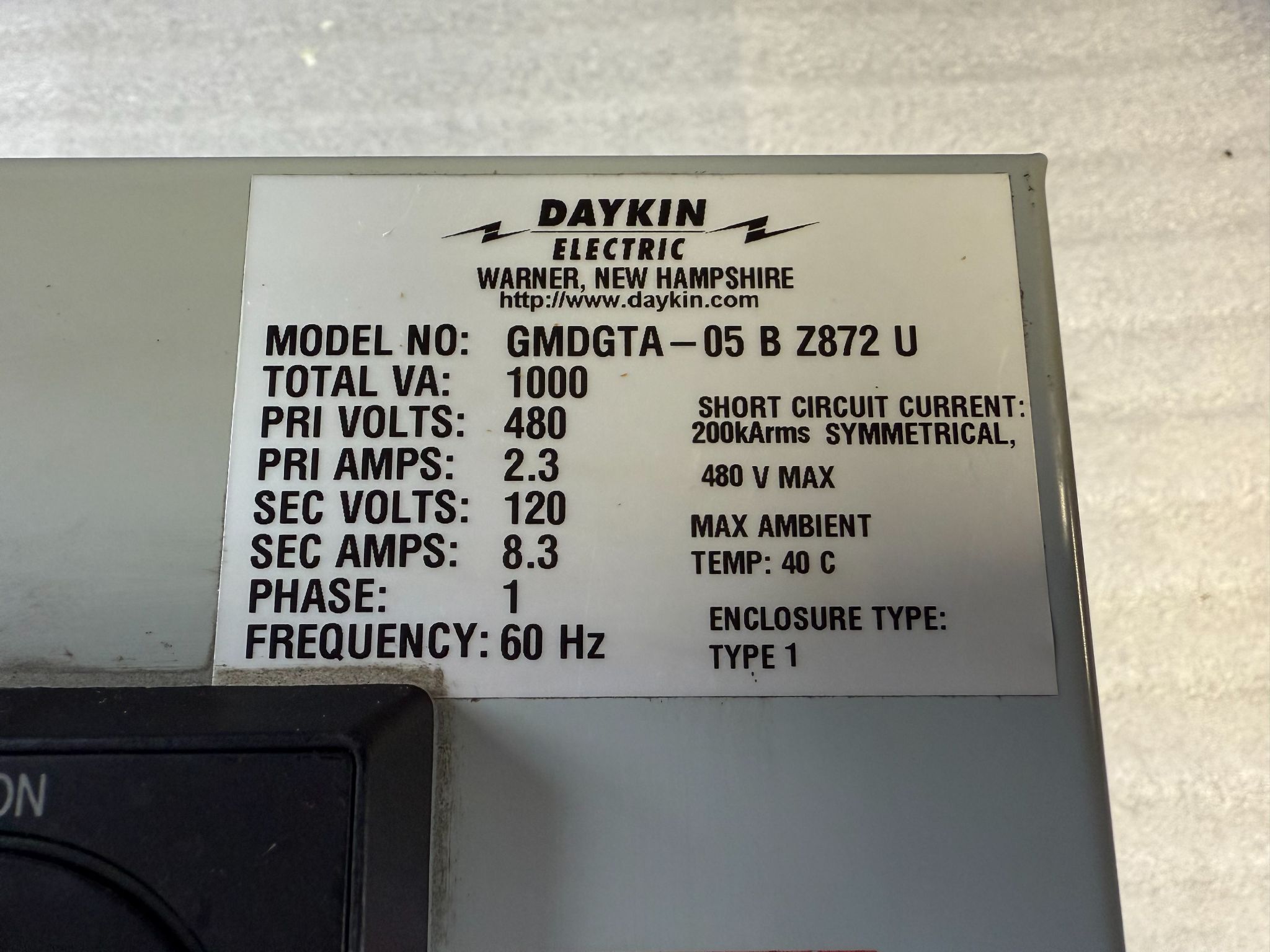DAYKIN ELECTRIC GMDGTA‑05 480V Transformer Disconnect Switch USED 1