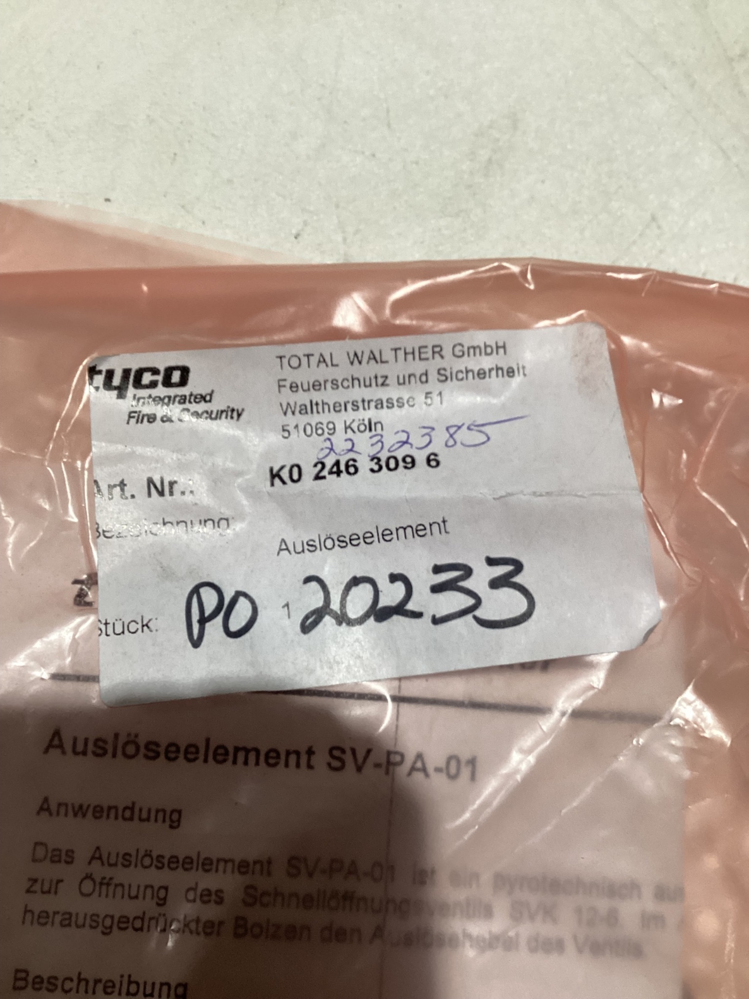 Tyco K0 246 309 6 Pyrotechnic Release Element SV-PA-01 NEW 1
