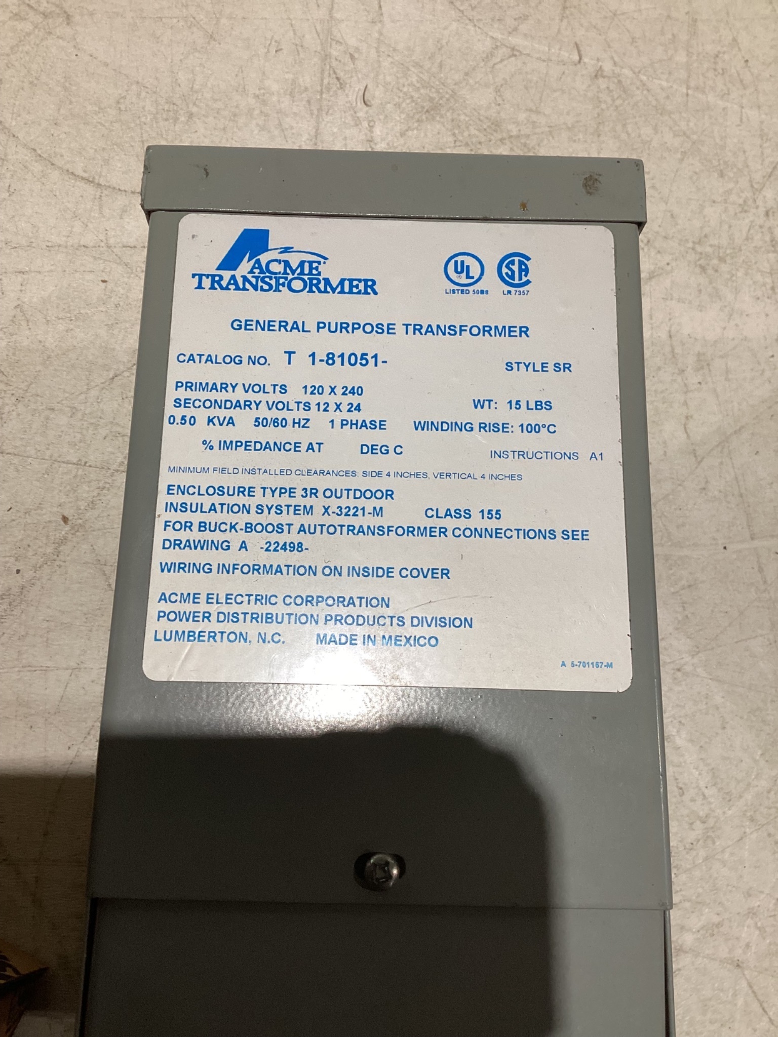 ACME TRANSFORMER T-1-81051 0.5kVA General Purpose Transformer 120/240V NEW 4