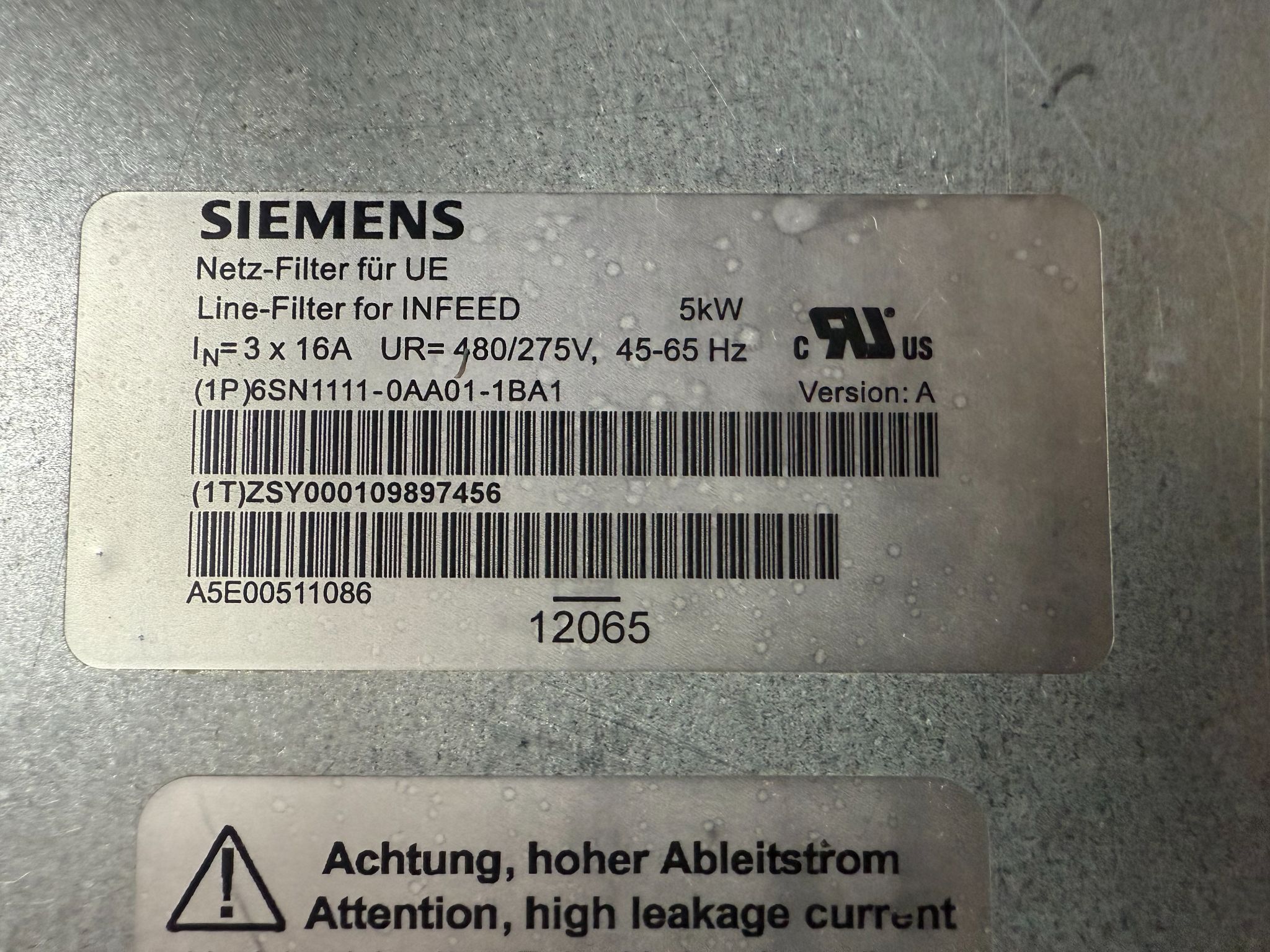 SIEMENS 6SN1111‑0AA01‑1BA1 Line Filter for INFEED USED 1