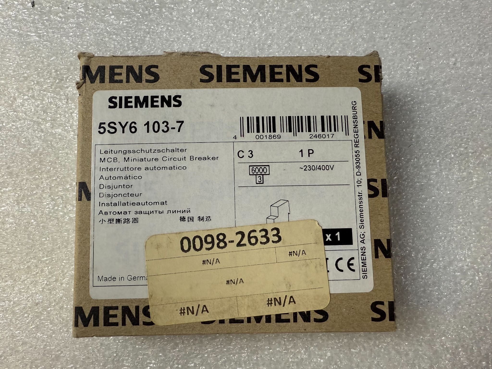 SIEMENS 5SY6103-7 Miniature Circuit Breaker C3 1P NEW 0